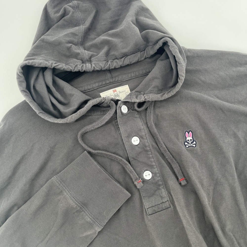 Psycho Bunny XL Gray Pullover Hoodie Henley Long Sleeve Kangaroo‎ Pocket Cotton